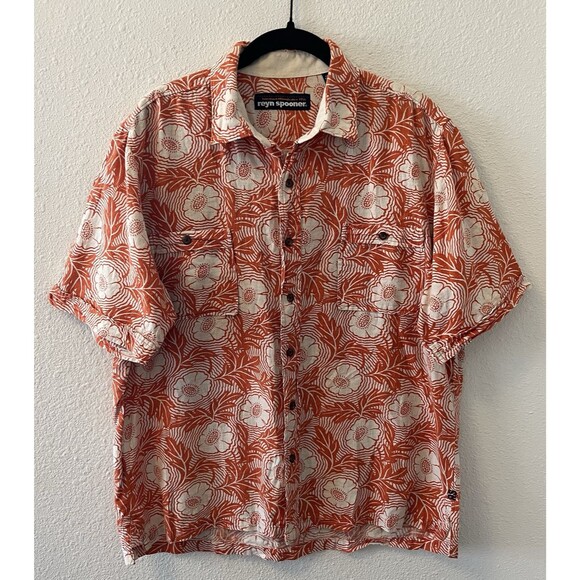 Reyn Spooner Hawaiian Shirt Men's L Orange Floral Linen Blend Short Sleeve Retro - Picture 1 of 16